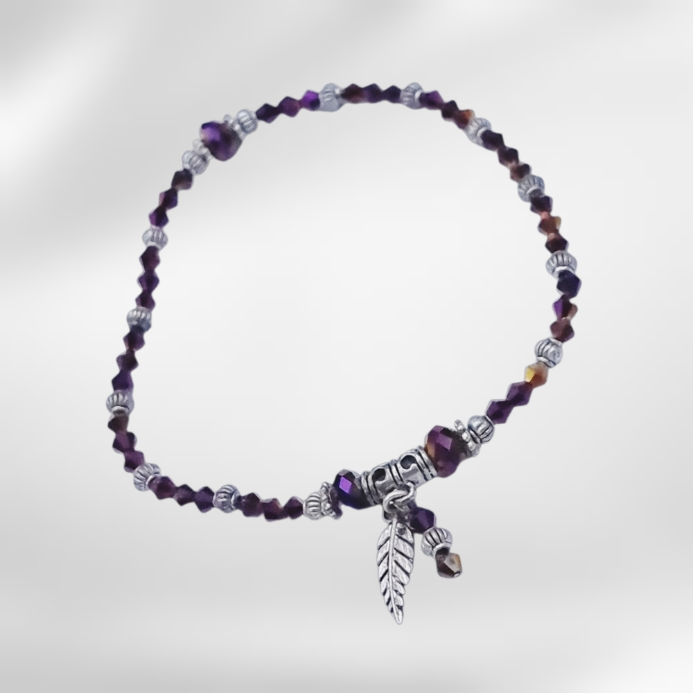 Purple Faceted Bead Stretch Bracelet with Silver-Tone Leaf Charm
